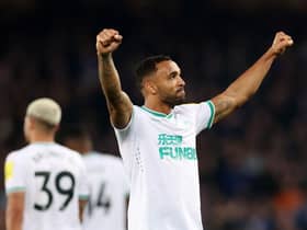 Callum Wilson of Newcastle United celebrates after scoring the team's third goal during the Premier League match between Everton FC and Newcastle United at Goodison Park on April 27, 2023 in Liverpool, England. (Photo by Alex Livesey/Getty Images)