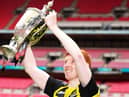 Hebburn Town's Michael Richardson celebrates with lifting the Buildbase FA Vase 2019/20 Trophy after victory in the Final at Wembley Stadium, London. PA picture.