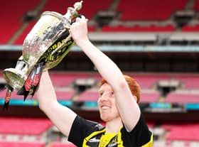 Hebburn Town's Michael Richardson celebrates with lifting the Buildbase FA Vase 2019/20 Trophy after victory in the Final at Wembley Stadium, London. PA picture.