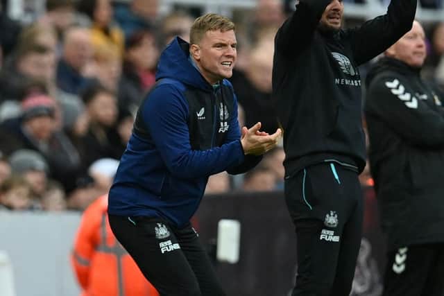 Newcastle United's English head coach Eddie Howe gestures on the touchline during the English FA Cup third round football match between Newcastle United and Cambridge United at St James' Park in Newcastle-upon-Tyne, north east England on January 8, 2022. (Photo by PAUL ELLIS/AFP via Getty Images)
