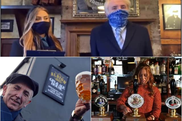 Jess McConnell, who runs the Jarrow Albion Gin and Ale House, starring as a mock news presenter in the film (above); Mr McConnell outside the premises (below, left); the pub's manageress, Charlotte Wilkinson (below, right)