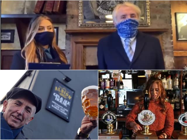 Jess McConnell, who runs the Jarrow Albion Gin and Ale House, starring as a mock news presenter in the film (above); Mr McConnell outside the premises (below, left); the pub's manageress, Charlotte Wilkinson (below, right)