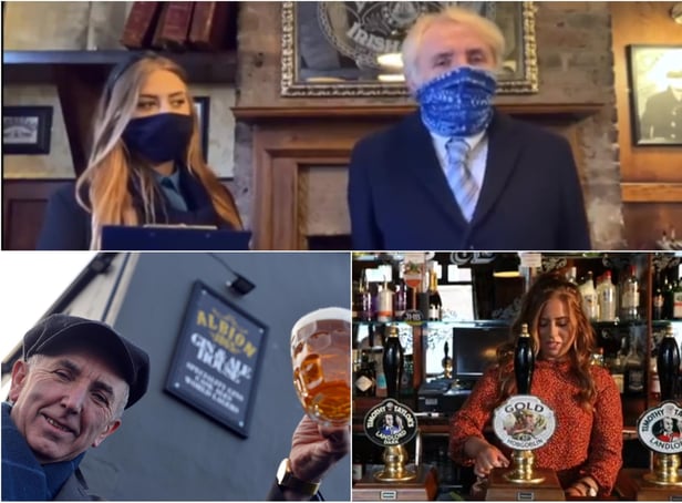 Jess McConnell, who runs the Jarrow Albion Gin and Ale House, starring as a mock news presenter in the film (above); Mr McConnell outside the premises (below, left); the pub's manageress, Charlotte Wilkinson (below, right)