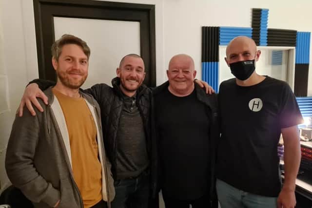 (l-r) Ryan Gibson and Jon Burton of Unified with Tim Healy and Martin Trollope of Harbourmaster Productions.