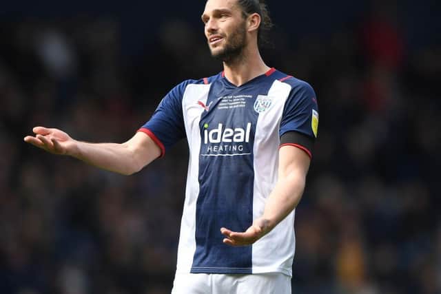 Andy Carroll of West Bromwich Albion shows his frustration during the Sky Bet Championship match between West Bromwich Albion and Stoke City at The Hawthorns on April 09, 2022 in West Bromwich, England. (Photo by Tony Marshall/Getty Images)