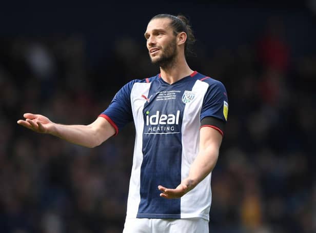 Andy Carroll of West Bromwich Albion shows his frustration during the Sky Bet Championship match between West Bromwich Albion and Stoke City at The Hawthorns on April 09, 2022 in West Bromwich, England. (Photo by Tony Marshall/Getty Images)