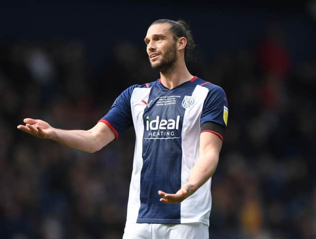 Andy Carroll of West Bromwich Albion shows his frustration during the Sky Bet Championship match between West Bromwich Albion and Stoke City at The Hawthorns on April 09, 2022 in West Bromwich, England. (Photo by Tony Marshall/Getty Images)