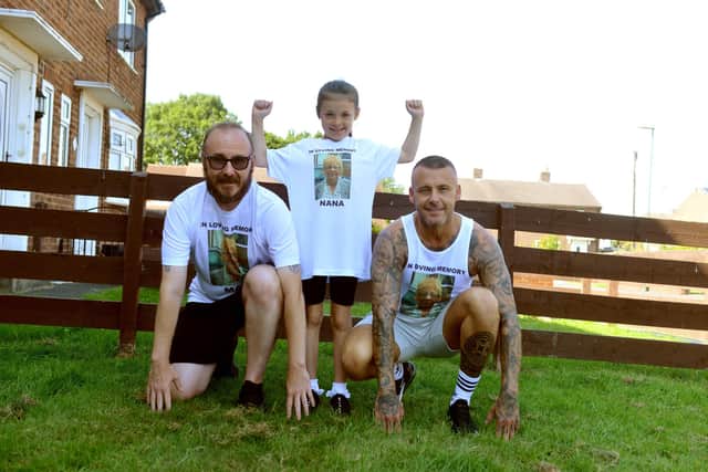 Massingham family Great North Run fundraiser in memory of mother and nana, Meg Massingham. From left son Paul, granddaughter Miya, 8 and son Alfy.