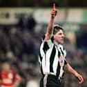 Peter Beardsley celebrates a goal against Nottingham Forest in 1996.