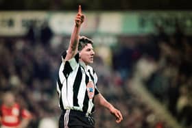 Peter Beardsley celebrates a goal against Nottingham Forest in 1996.