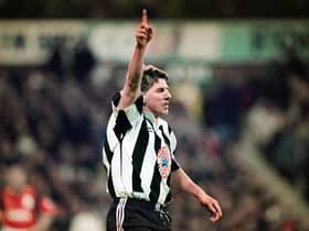Peter Beardsley celebrates a goal against Nottingham Forest in 1996.