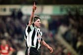 Peter Beardsley celebrates a goal against Nottingham Forest in 1996.