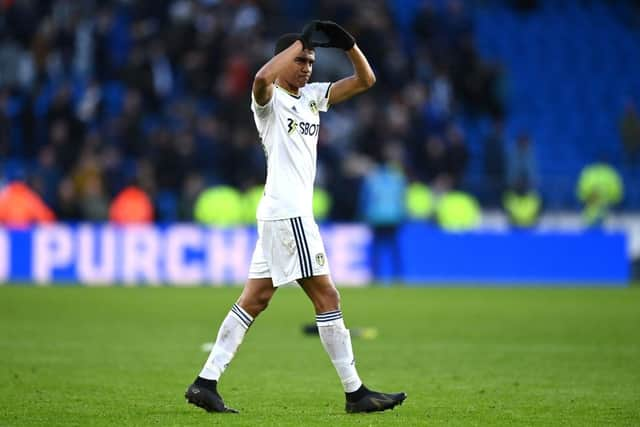 Cody Drameh of Leeds United acknowledges the fans following the Emirates FA Cup Third Round match between Cardiff City and Leeds United at Cardiff City Stadium on January 08, 2023 in Cardiff, Wales. (Photo by Dan Mullan/Getty Images)