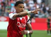 Reims' forward Hugo Ekitike celebrates after scoring a goal during the French L1 football match between Stade de Reims and OGC Nice at Stade Auguste-Delaune in Reims, northern France on May 21, 2022. (Photo by FRANCOIS NASCIMBENI / AFP) (Photo by FRANCOIS NASCIMBENI/AFP via Getty Images)