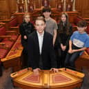 South Tyneside Youth Parliament newly elected representative Luke Hall and his deputy Joshua Brown, with the Mayor Cllr Pat Hay, Mayoress Mrs Jean Copp and Cllr Adam Ellison.
