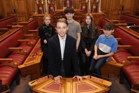 South Tyneside Youth Parliament newly elected representative Luke Hall and his deputy Joshua Brown, with the Mayor Cllr Pat Hay, Mayoress Mrs Jean Copp and Cllr Adam Ellison.