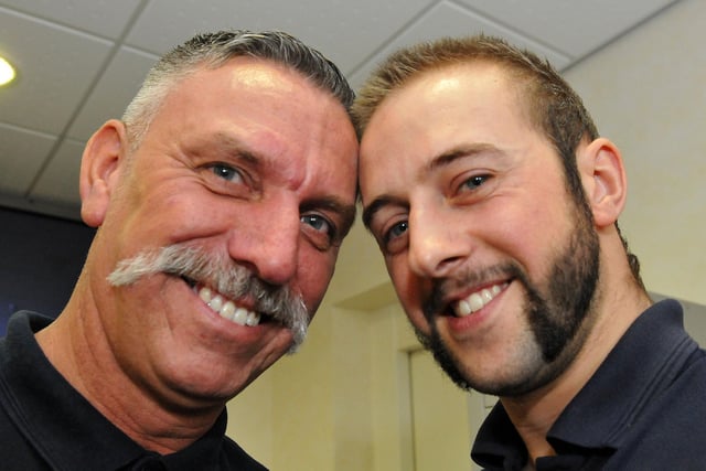 TRW workers Michael Farne (left) and Antony Dunbar with their Movember moustaches 10 years ago.