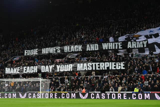 A general view inside the stadium as the fans of Newcastle United display a banner is support of Eddie Howe, Manager of Newcastle United during the Premier League match between Newcastle United and Norwich City at St. James Park on November 30, 2021 in Newcastle upon Tyne, England. (Photo by Stu Forster/Getty Images)