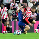 Jack Clarke is brought down at the Stadium of Light