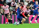 Jack Clarke is brought down at the Stadium of Light