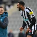Newcastle players Kieran Trippier and Jamaal Lascelles share a joke after the friendly match between Newcastle United and Rayo Vallecano  at St James' Park on December 17, 2022 in Newcastle upon Tyne, England. (Photo by Stu Forster/Getty Images)