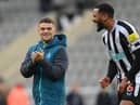 Newcastle players Kieran Trippier and Jamaal Lascelles share a joke after the friendly match between Newcastle United and Rayo Vallecano  at St James' Park on December 17, 2022 in Newcastle upon Tyne, England. (Photo by Stu Forster/Getty Images)