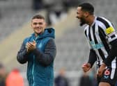 Newcastle players Kieran Trippier and Jamaal Lascelles share a joke after the friendly match between Newcastle United and Rayo Vallecano  at St James' Park on December 17, 2022 in Newcastle upon Tyne, England. (Photo by Stu Forster/Getty Images)