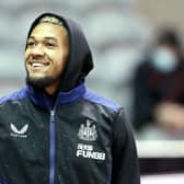 Joelinton arrives at St James's Park on Monday night.