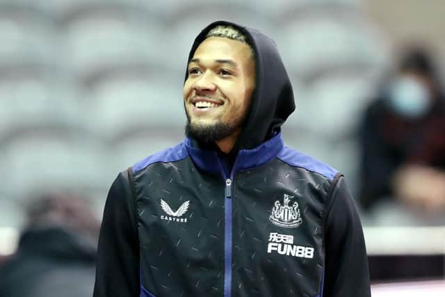 Joelinton arrives at St James's Park on Monday night.