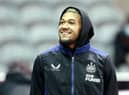 Joelinton arrives at St James's Park on Monday night.