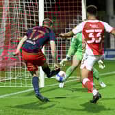 Elliot Embleton strikes the post against Fleetwood