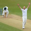 Departing Durham bowler Chris Rushworth celebrates taking the wicket of Worcestershire batsman Ben Cox at Chester-le-Street last year.