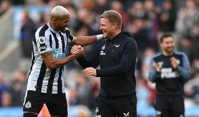 Newcastle head coach Eddie Howe shares a joke with Joelinton after the Premier League match between Newcastle United and Brentford FC at St. James Park on October 08, 2022 in Newcastle upon Tyne, England. (Photo by Stu Forster/Getty Images)