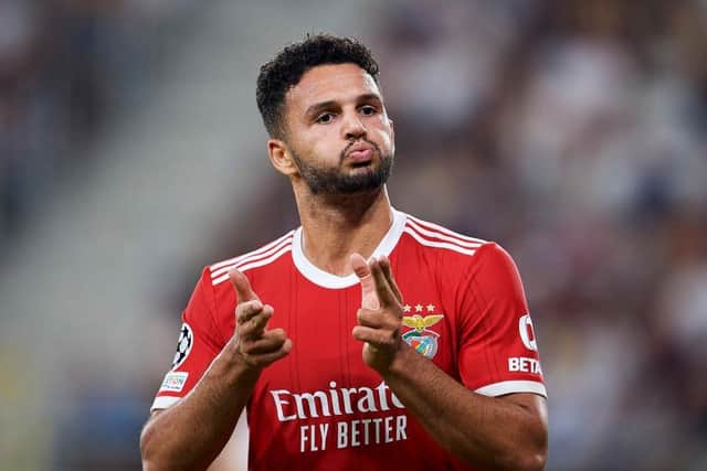 Goncalo Ramos of SL Benfica celebrates after scoring during Dynamo Kyiv v SL Benfica - UEFA Champions League Play-Off First Leg at LKS Stadium on August 17, 2022 in Lodz. (Photo by Adam Nurkiewicz/Getty Images)