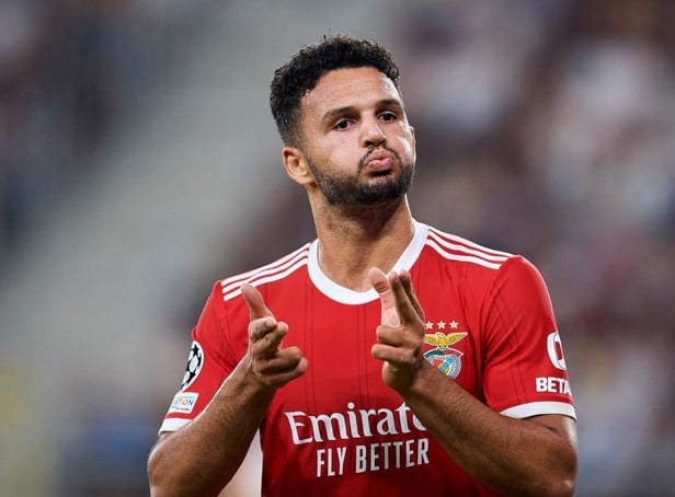 Goncalo Ramos of SL Benfica celebrates after scoring during Dynamo Kyiv v SL Benfica - UEFA Champions League Play-Off First Leg at LKS Stadium on August 17, 2022 in Lodz. (Photo by Adam Nurkiewicz/Getty Images)
