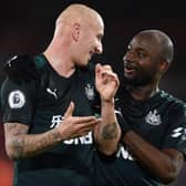 Newcastle United's English midfielder Jonjo Shelvey (L) and Newcastle United's Dutch defender Jetro Willems celebrate after the English Premier League football match between Sheffield United and Newcastle United at Bramall Lane stadium in Sheffield, northern England on December 5, 2019.
