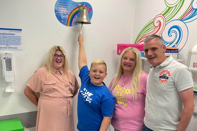 Nathan and his family at the RVI where he rang the bell to end his chemotherapy treatment.