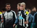 Newcastle United's Bruno Guimaraes of Newcastle United is consoled at the final whistle.