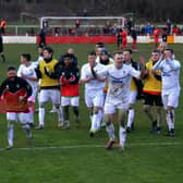Consett players celebrate quarter-final win at Atherstone. CREDIT GARY WELFORD CONSETT AFC.