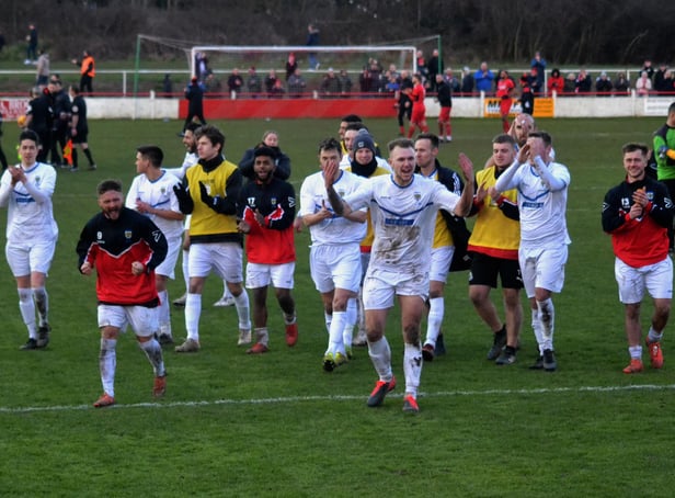 Consett players celebrate quarter-final win at Atherstone. CREDIT GARY WELFORD CONSETT AFC.