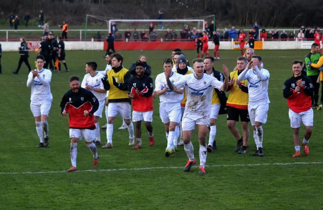 Consett players celebrate quarter-final win at Atherstone. CREDIT GARY WELFORD CONSETT AFC.