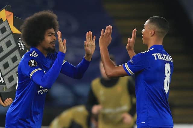 Leicester City's Belgian midfielder Youri Tielemans (R) is substituted by Leicester City's English midfielder Hamza Choudhury during the UEFA Europa League 1st round Group G football match between Leicester City and Zorya Luhansk at King Power Stadium in Leicester, central England on October 22, 2020.