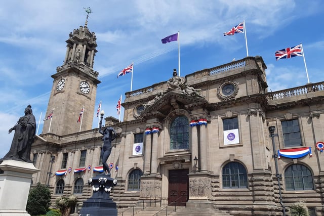 Flags at South Shields Town Hall to celebrate Her Majesty the Queen's seven decades of service.