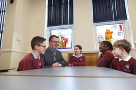 Headteacher Mark Hurst with pupils at St Bede's Catholic Primary School, Jarrow.