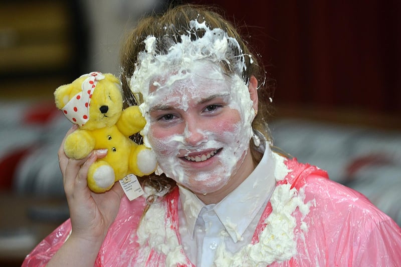 Arianna Cheesebrough was all smiles after a custard pie in the face in aid of the English Martyrs School and Sixth Form Children In Need appeal in 2016.