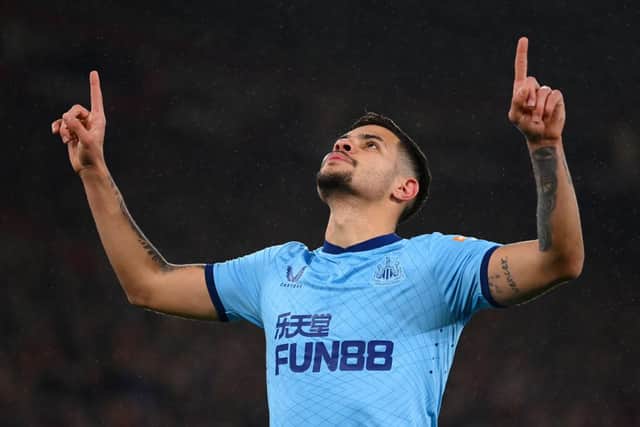 Bruno Guimaraes of Newcastle United celebrates scoring their sides second goal of the game during the Premier League match between Southampton and Newcastle United at St Mary's Stadium on March 10, 2022 in Southampton, England.  (Photo by Mike Hewitt/Getty Images)