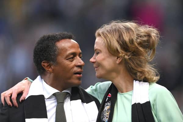 Newcastle co-owner Amanda Staveley with director Majed Al Sorour on a pitch walk during half time during the Premier League match between Newcastle United and Arsenal at St. James Park on May 16, 2022 in Newcastle upon Tyne, England. (Photo by Stu Forster/Getty Images)