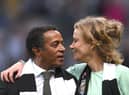 Newcastle co-owner Amanda Staveley with director Majed Al Sorour on a pitch walk during half time during the Premier League match between Newcastle United and Arsenal at St. James Park on May 16, 2022 in Newcastle upon Tyne, England. (Photo by Stu Forster/Getty Images)
