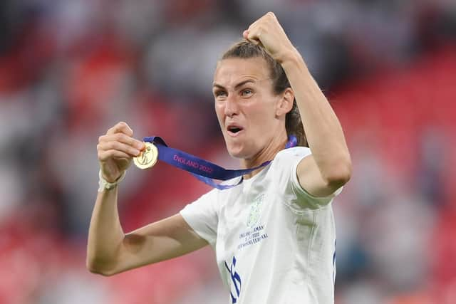 Jill Scott celebrates after the 2-1 win during the UEFA Women's Euro 2022 final match between England and Germany. Picture: Shaun Botterill/Getty Images.