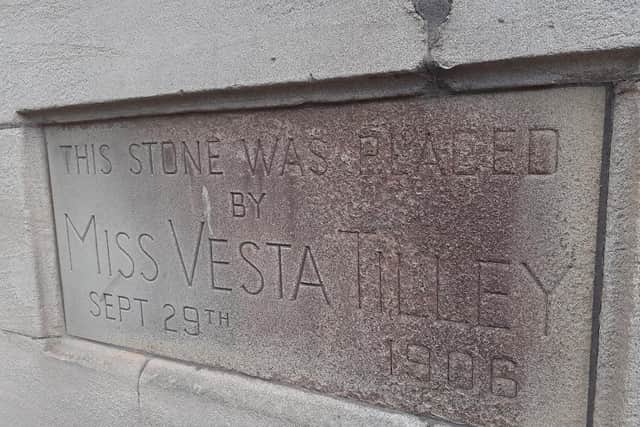 The foundation stone, laid by Vesta Tilley in 1906, is on the east side of the theatre, s few yards from the Dun Cow pub.
